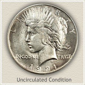 To be considered “uncirculated,” a 1921 Peace silver dollar mustn’t have surface wear.