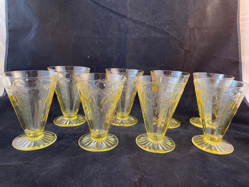Antique Yellow Cameo Ballerina Depression Glass Footed Tumblers