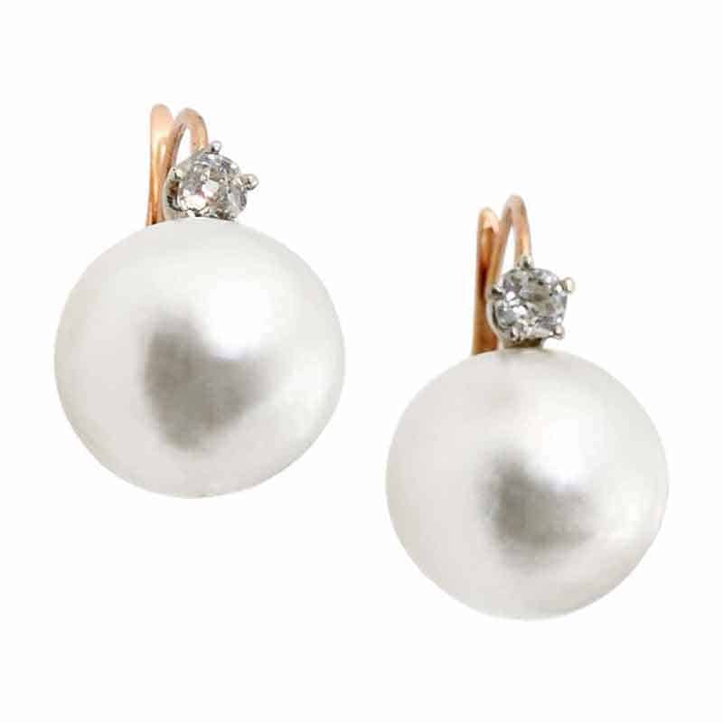French Natural Saltwater Button Pearl Diamond Earrings
