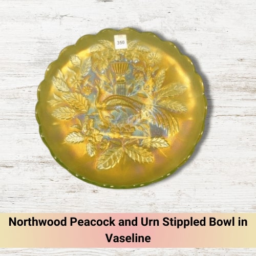 Northwood Peacock and Urn Stippled Bowl in Vaseline