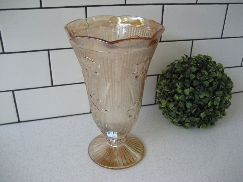 XL Vintage Pastel Peach Orange Iris and Herringbone Floral Depression Glass Vase