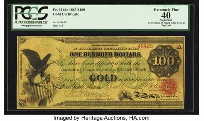 1166c $100 1863 Gold Certificate PCGS Apparent Extremely Fine 40