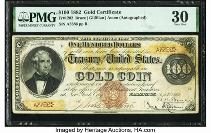 1202 $100 1882 Gold Certificate PMG Very Fine 30