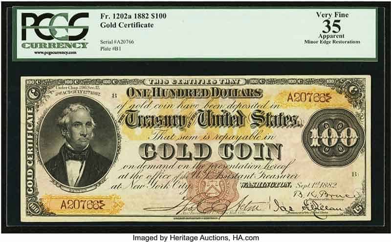 1202a $100 1882 Gold Certificate PCGS Apparent Very Fine 35