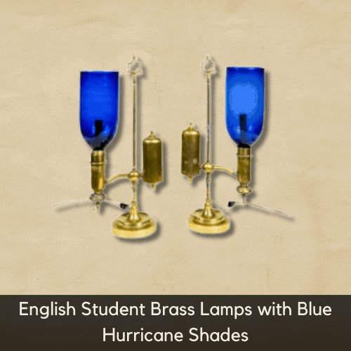 Antique Electric Hurricane Lamps Value - English Student Brass Lamps with Blue Hurricane Shades