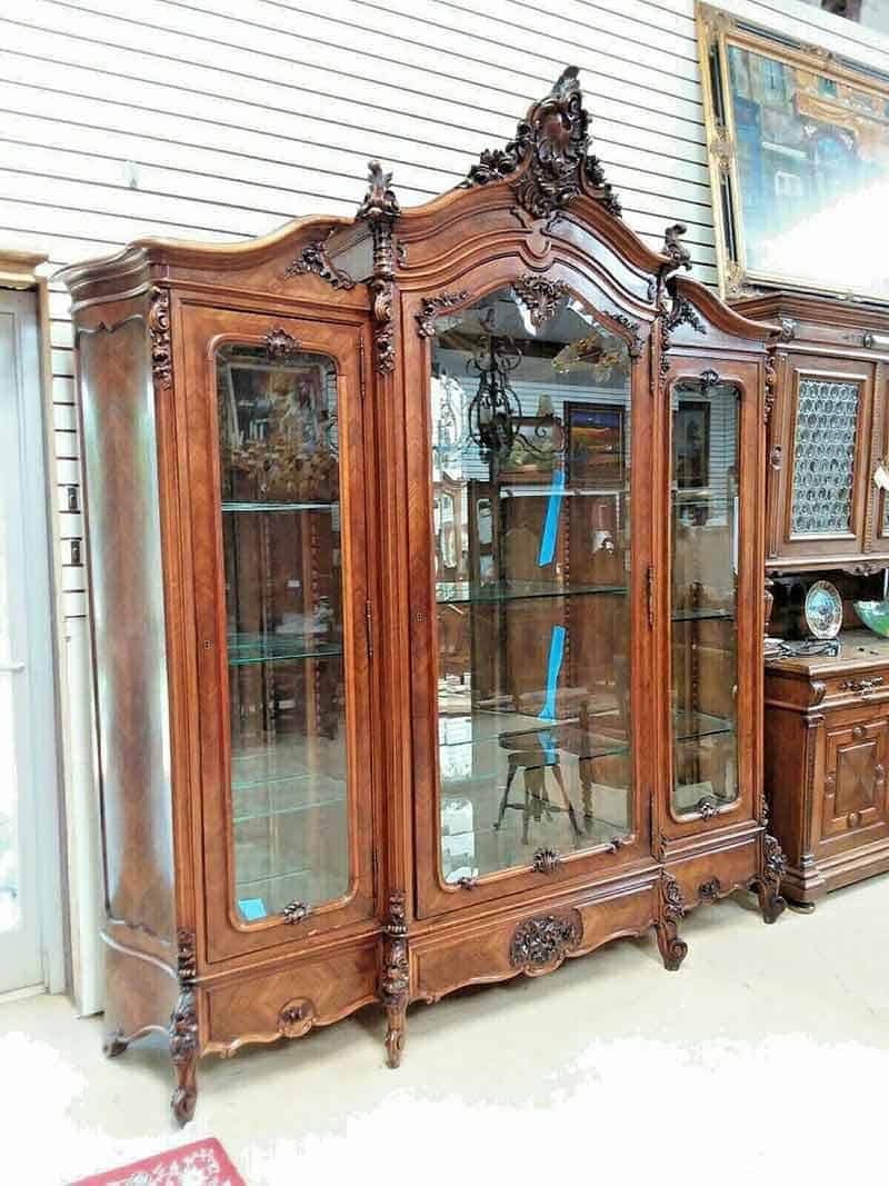 Antique 3 Door French Walnut Armoire Cabinet Bookcase Display China Cabinet — $3,650