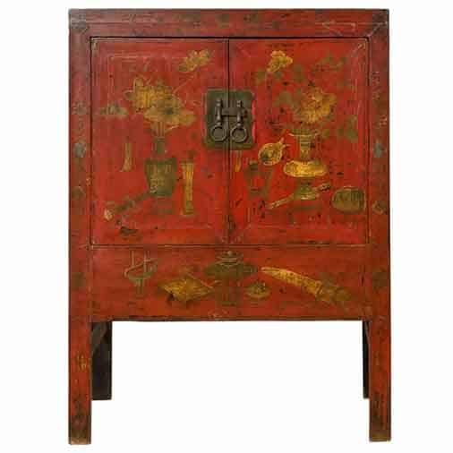 Chinese Antique Red Lacquered Armoire with Distressed Gold Floral Motifs — $2,900