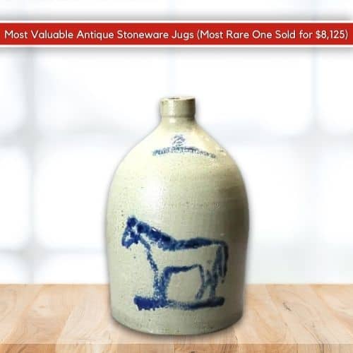Rare Antique Whites Utica Salt Glaze Jug, Blue Decorated Horse, 19th C