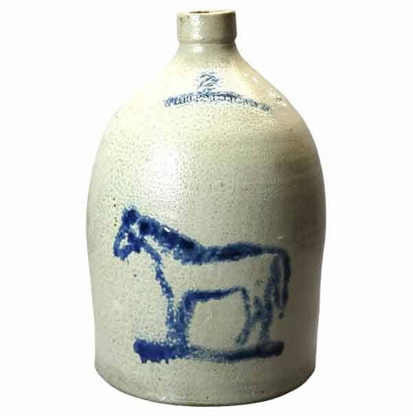 Rare Antique Whites Utica Salt Glaze Stoneware Jug, Blue Decorated Horse, 19th C - $7,600