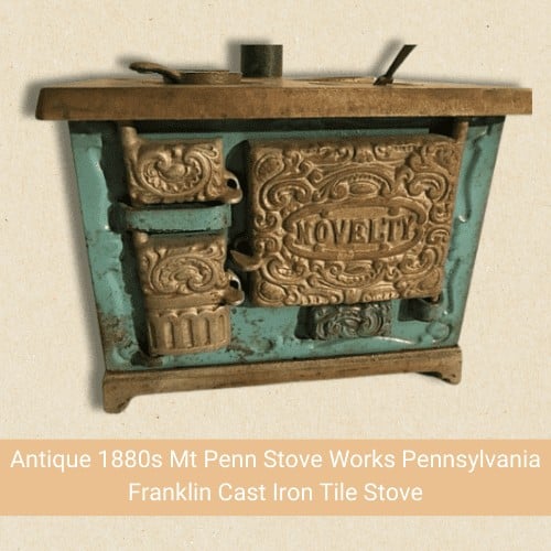 Antique 1880s Mt Penn Stove Works Pennsylvania Franklin Cast Iron Tile Stove is selling for $1,799