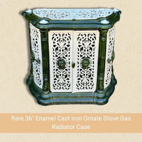 X Rare 36″ Enamel Cast Iron Ornate Stove Gas Radiator Case is selling for $1,195