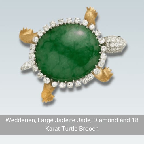 Wedderien Large Jadeite Jade Diamond & 18 Karat Turtle Brooch