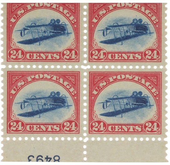 Most Valuable US Stamps - Block of four Inverted Jenny 1918 airmail error 24c stamp
